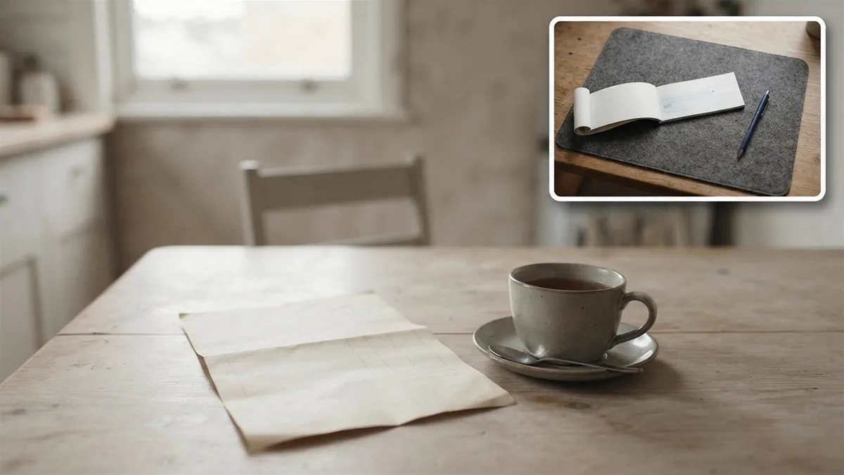 An itemised invoice face down beside a cup of tea on a kitchen table.