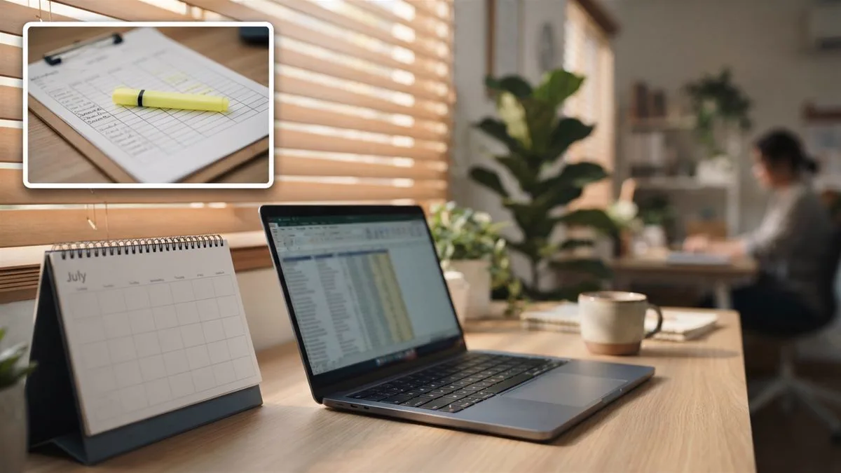 A July desk calendar beside a laptop showing a spreadsheet, in early morning light.