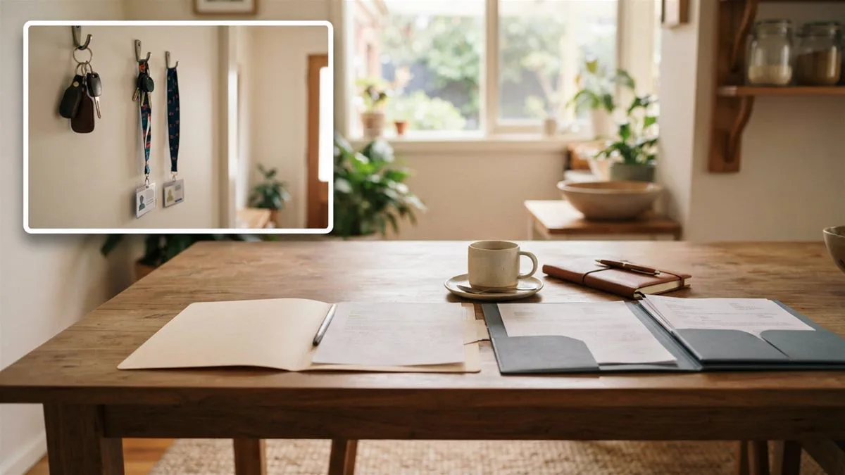 Two sets of business keys on a kitchen table beside a folder of paperwork, in soft morning light.