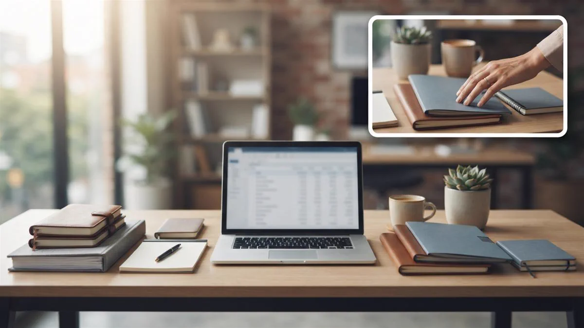 A bookkeeper's desk with two separate sets of ledgers and folders side by side, in warm daylight.