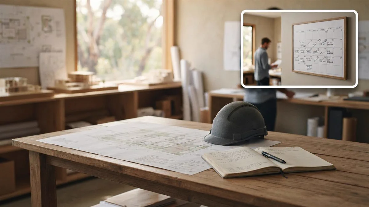 A site diary and a stack of subcontractor invoices on a plan table, in bright natural light.