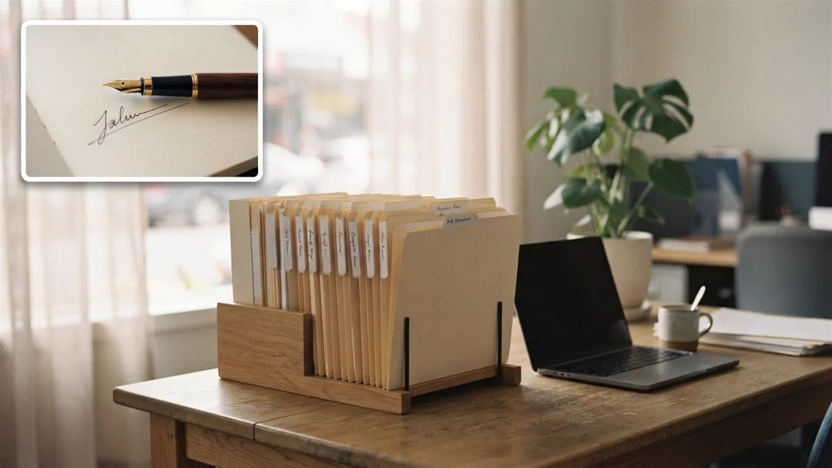 A set of manila folders labelled by entity, stacked on a desk beside a laptop, in warm daylight.