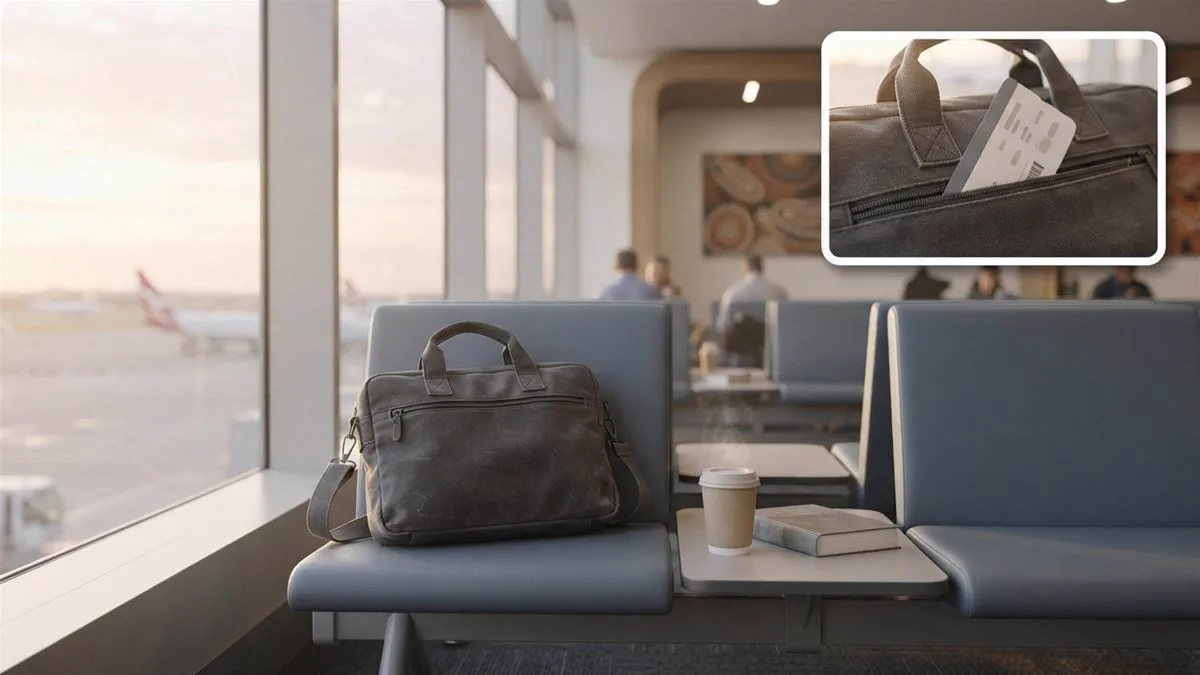 A departure board and a laptop bag in an Australian airport terminal, seen in soft daylight.