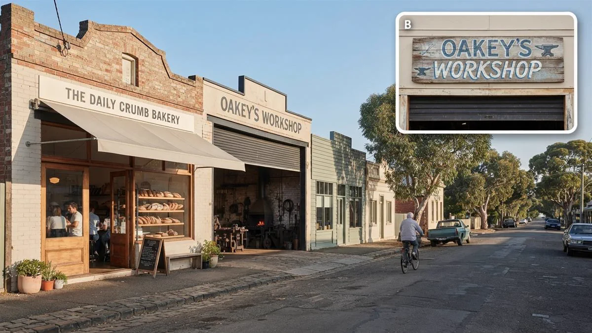 A regional Australian main street with a workshop and a bakery, photographed in clear morning light.