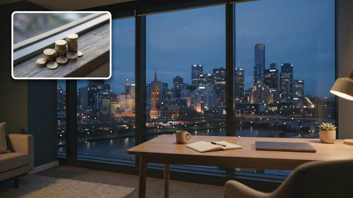 A Melbourne office window at dusk with the city beyond, seen from a quiet desk.