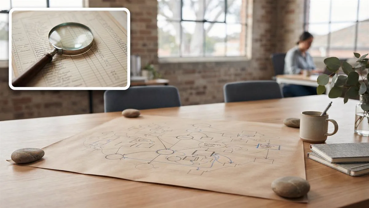 A hand-drawn ownership chart on butcher's paper spread across a boardroom table in daylight.