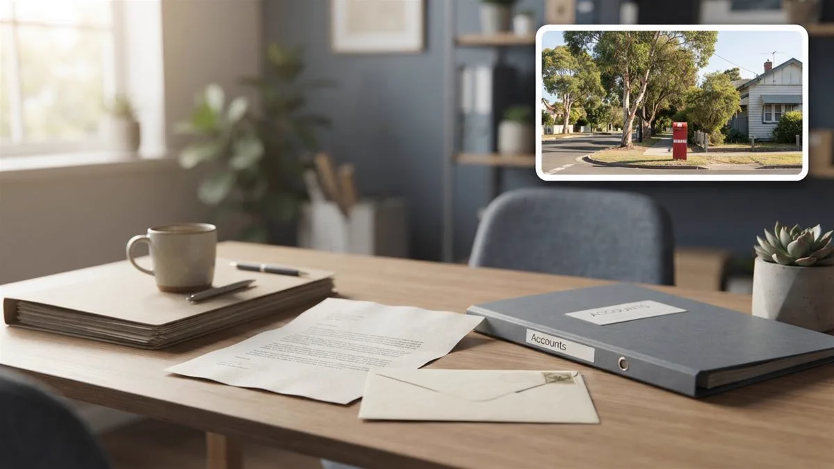 A printed letter and an envelope on a desk beside a pen and a folder of accounts, in soft daylight.