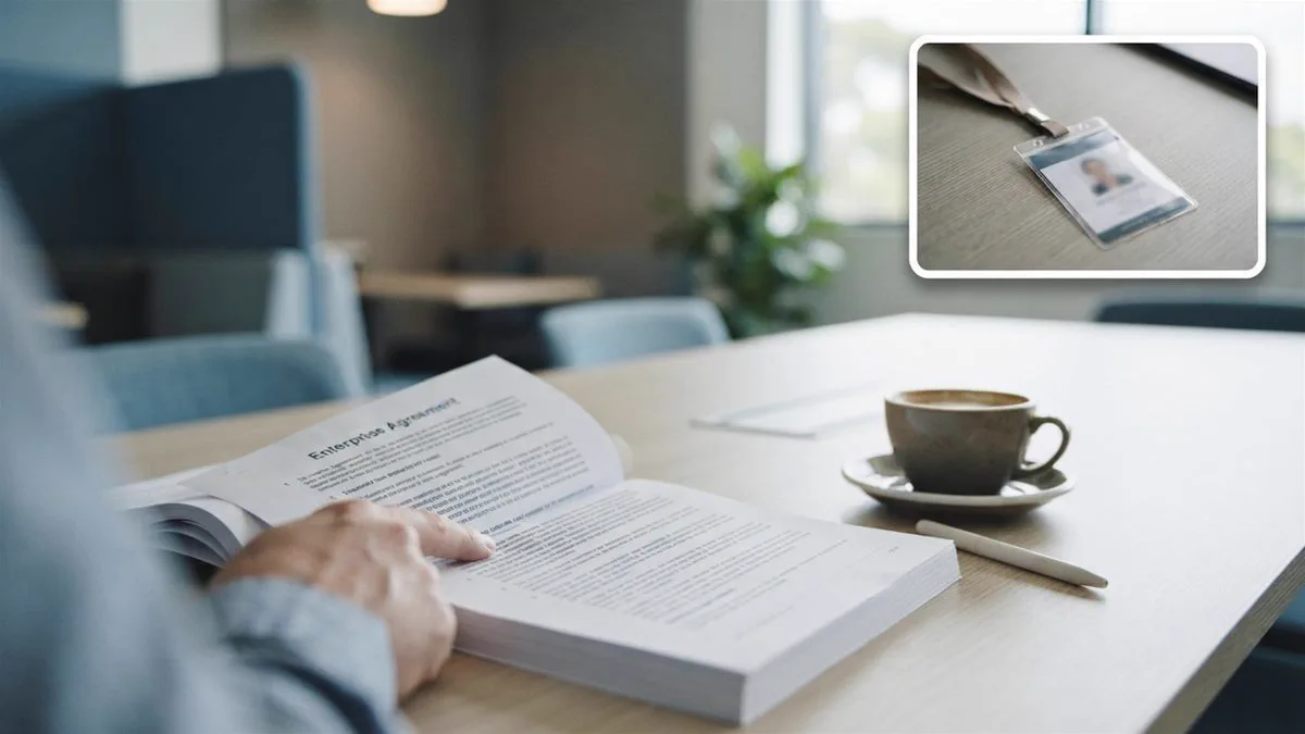 A printed enterprise agreement open on a table beside a coffee cup in an Australian workplace.