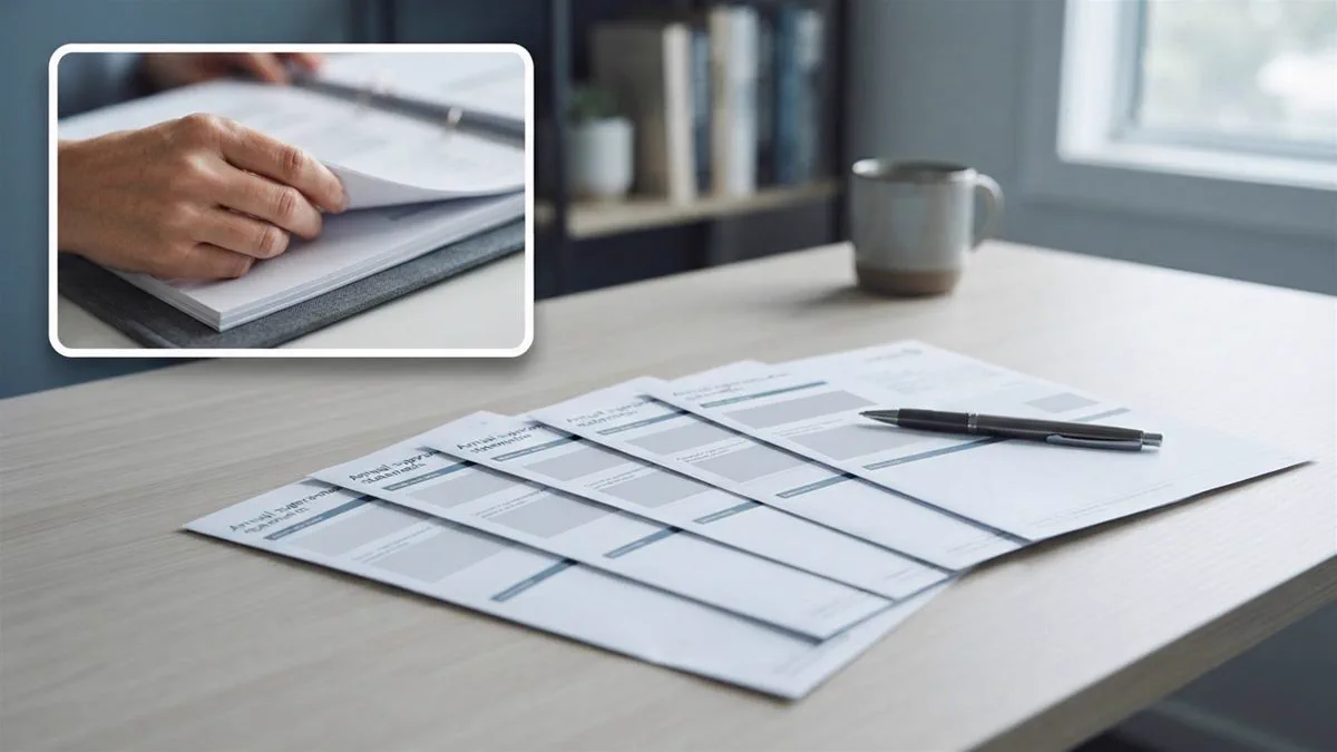 A five year run of superannuation statements fanned out on a desk.