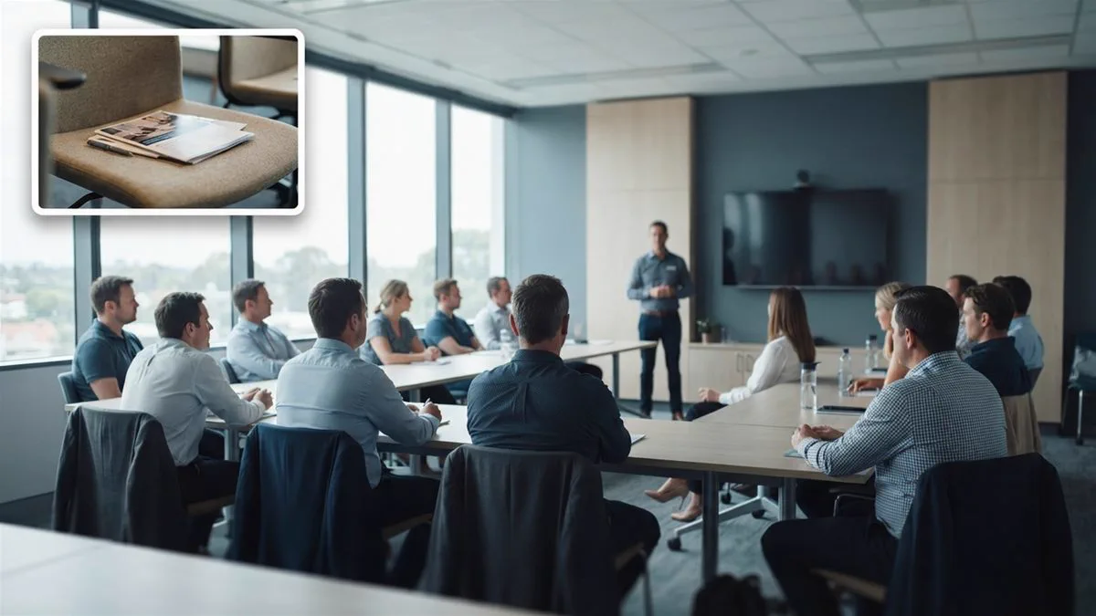 A group information session in an Australian workplace meeting room.