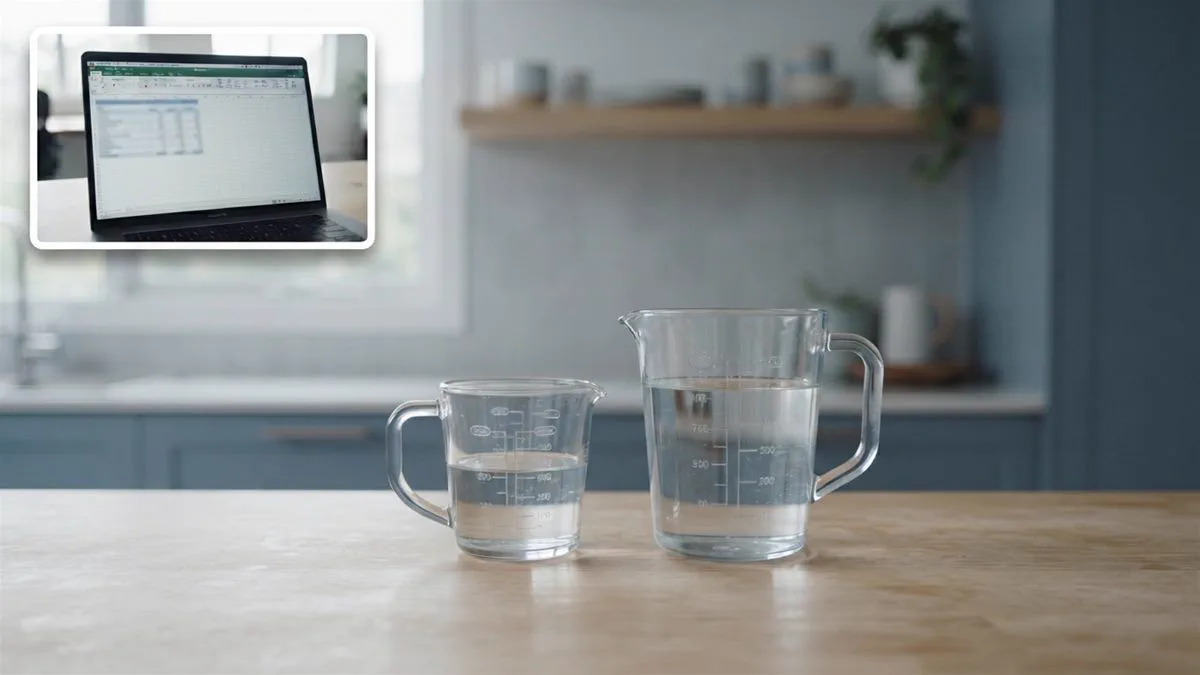 Two measuring jugs of different sizes side by side on a bench, one considerably smaller than the other.