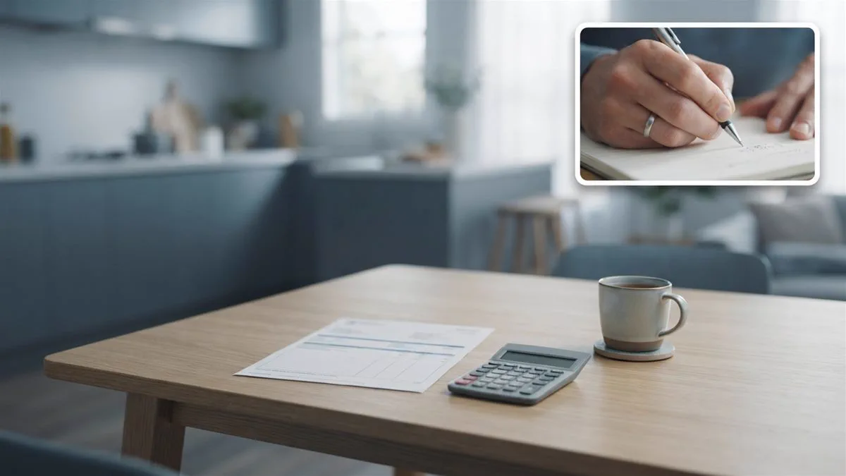An Australian payslip and a calculator on a kitchen table in morning light.