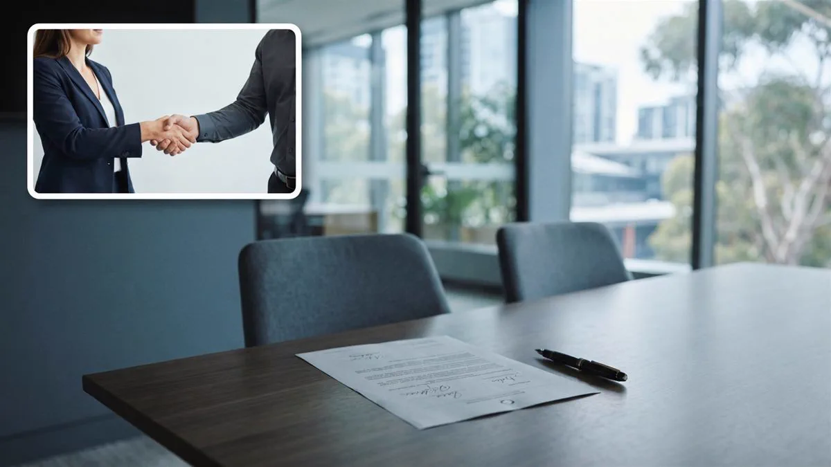 A signed settlement document and a fountain pen on a boardroom table.