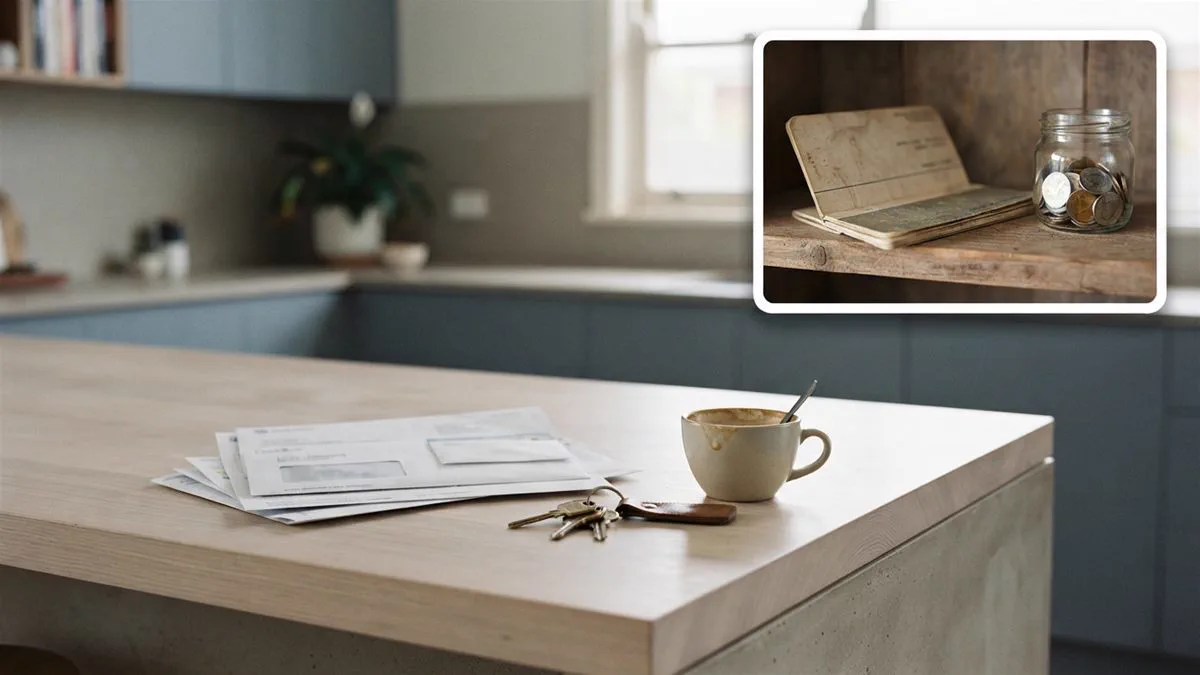 A bank statement and a set of house keys on a kitchen bench.
