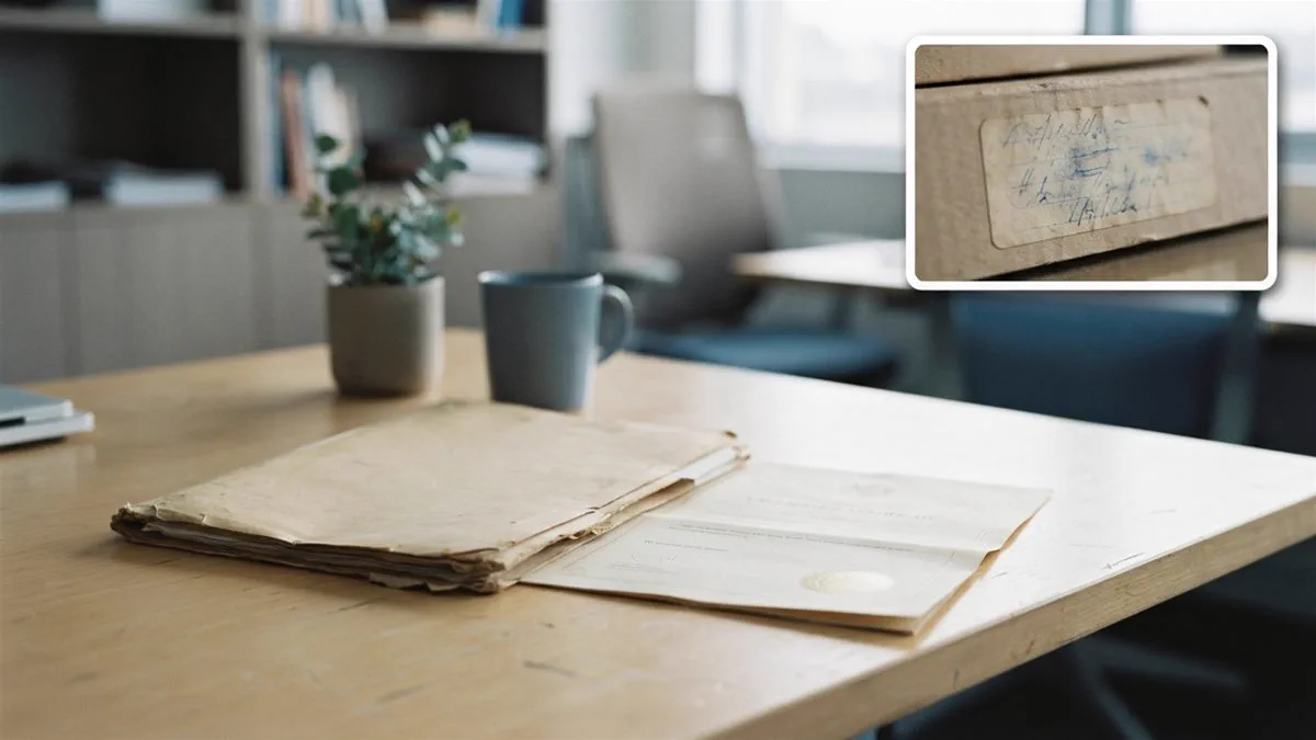 A long service certificate and an old employment file in an Australian office.