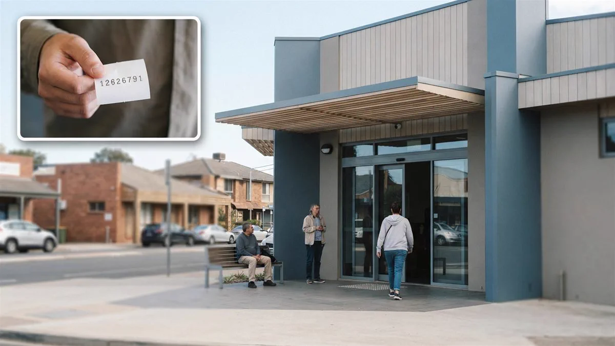 A Services Australia service centre entrance on an Australian suburban street.