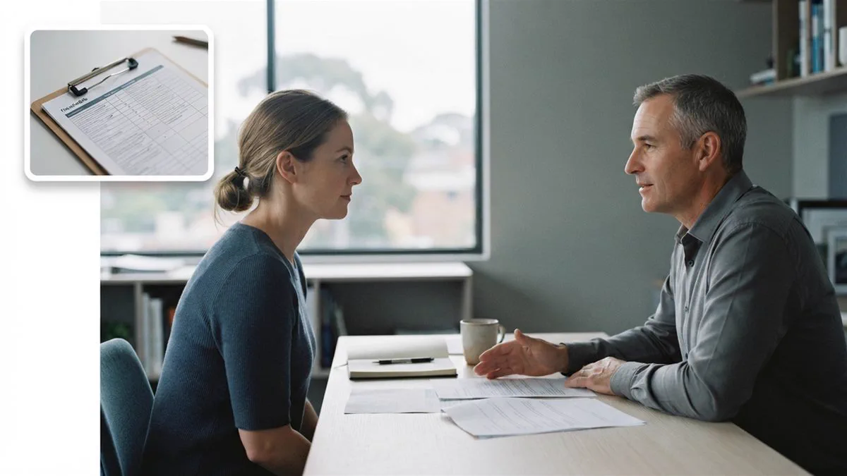 Two people in conversation across a desk in an Australian advisory office.