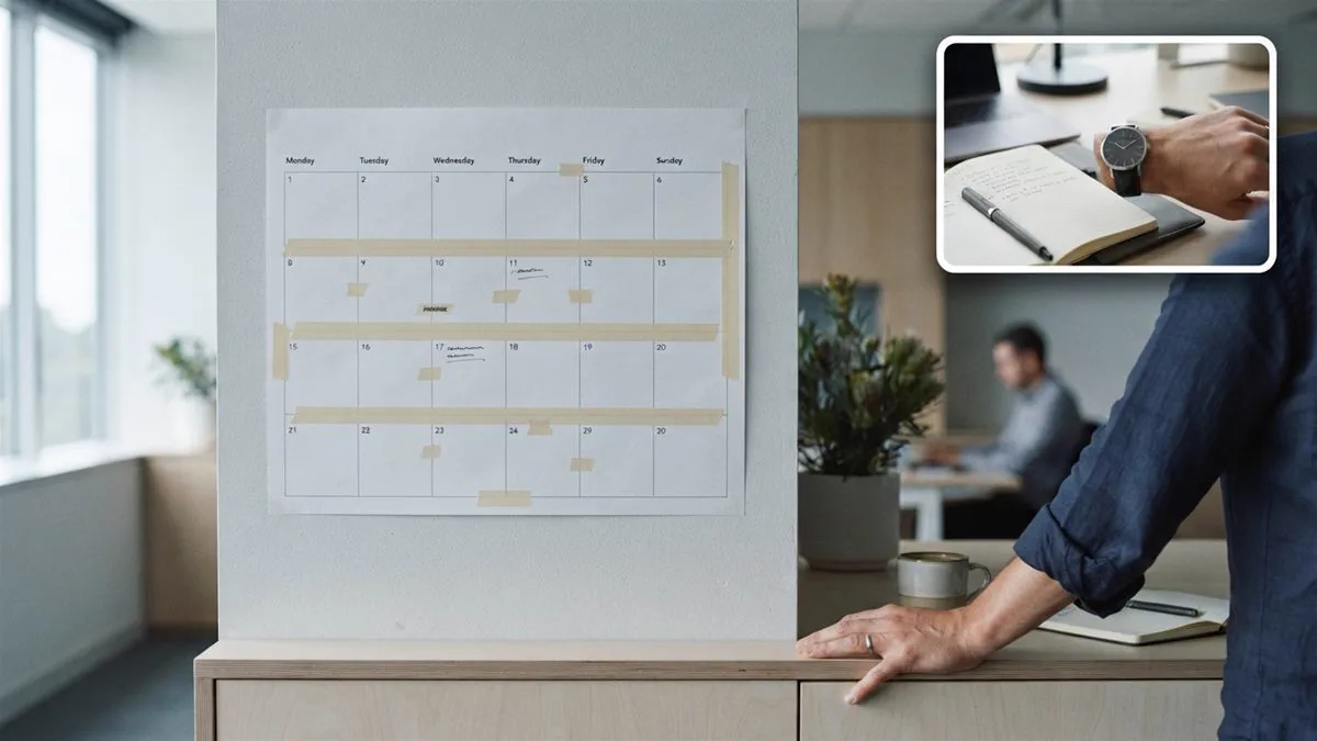 A wall calendar in an Australian workplace with several weeks marked out.
