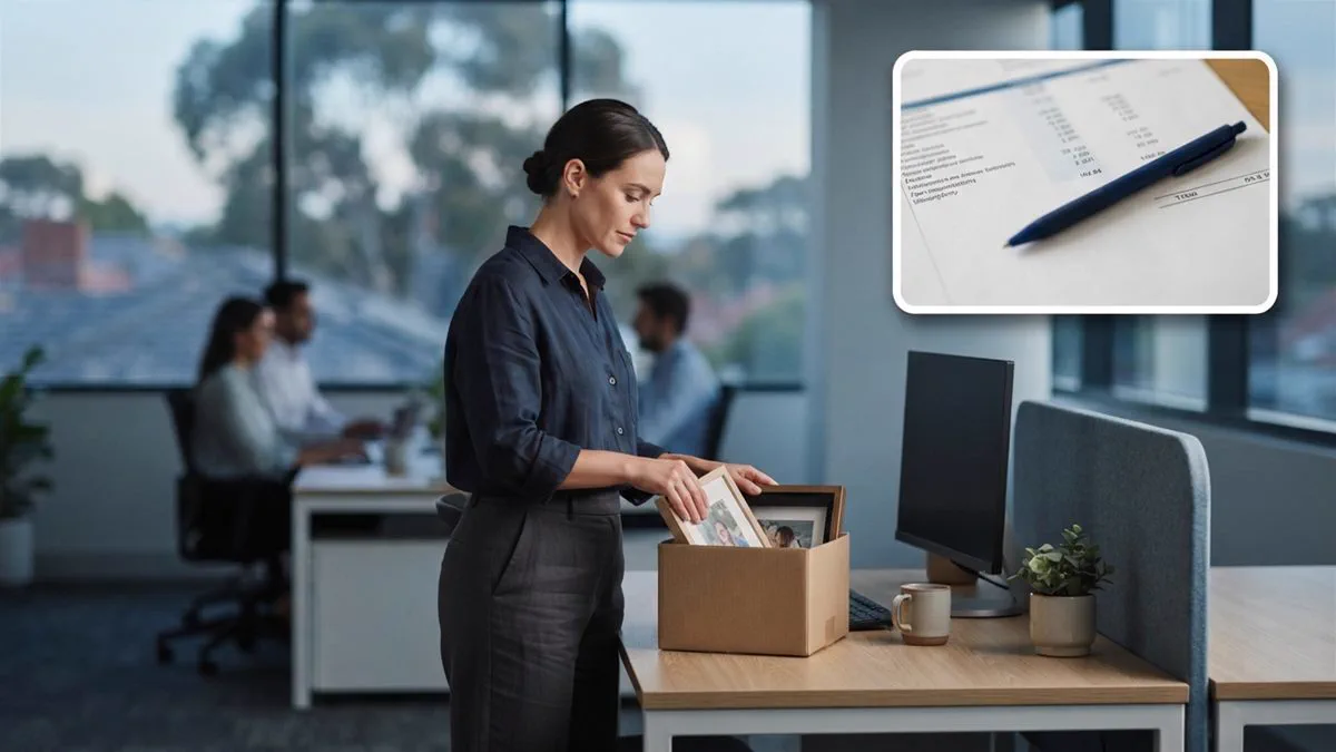 A worker collecting personal belongings from a desk in an Australian office at the end of a shift.