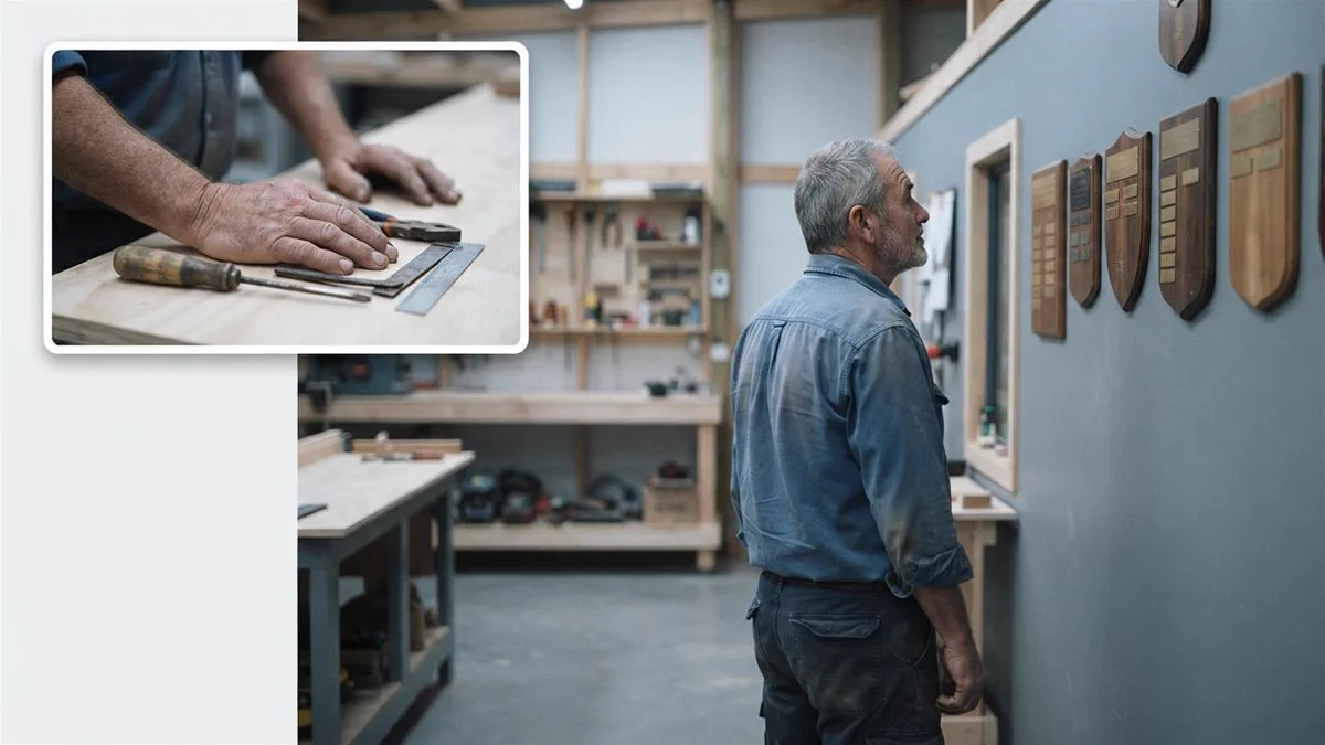 A long-serving Australian worker looking at a service award plaque on a workshop wall.
