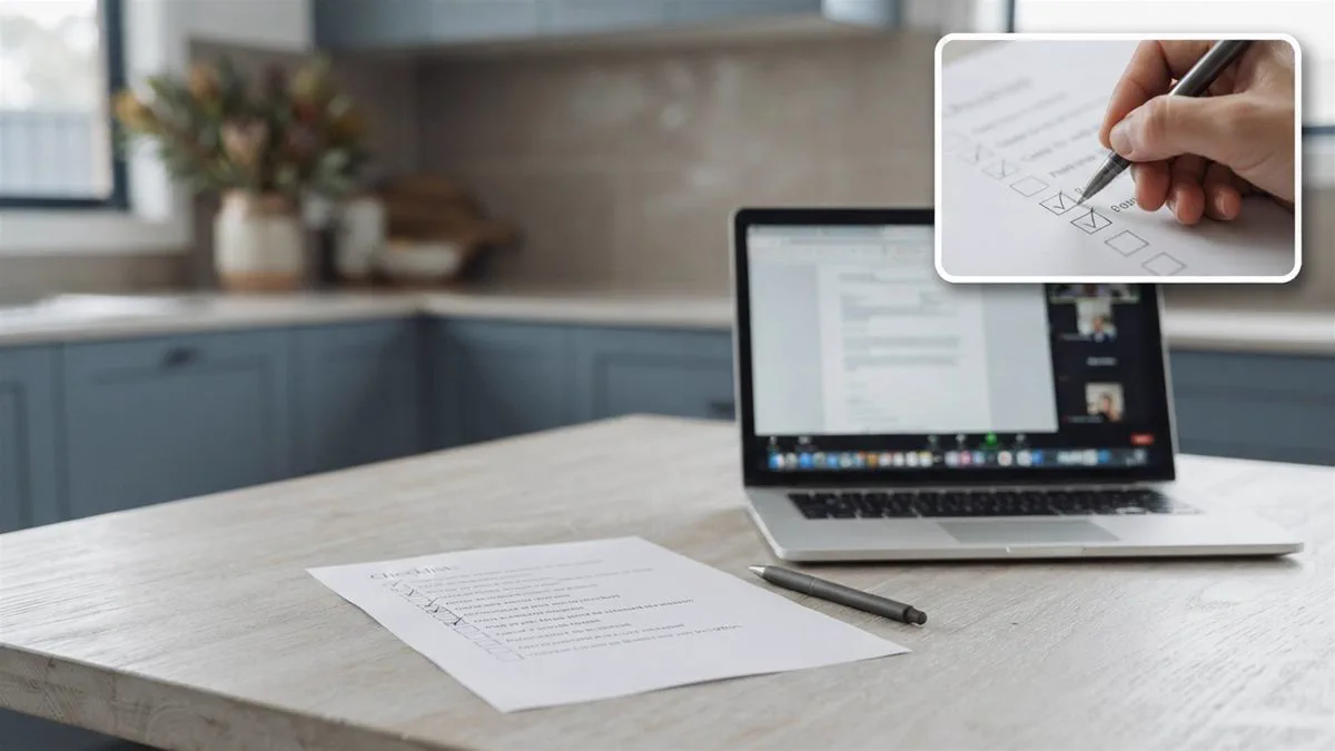 A printed checklist and a pen beside a laptop on an Australian kitchen table.