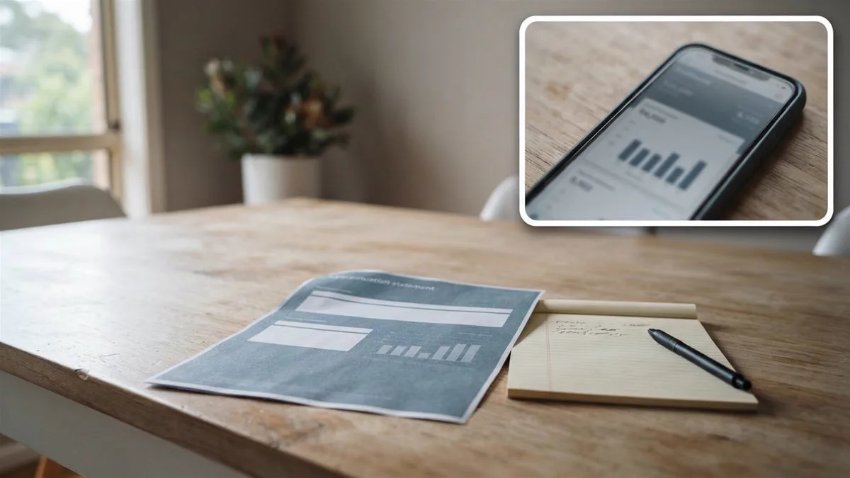 A superannuation statement and a notepad on an Australian dining table.