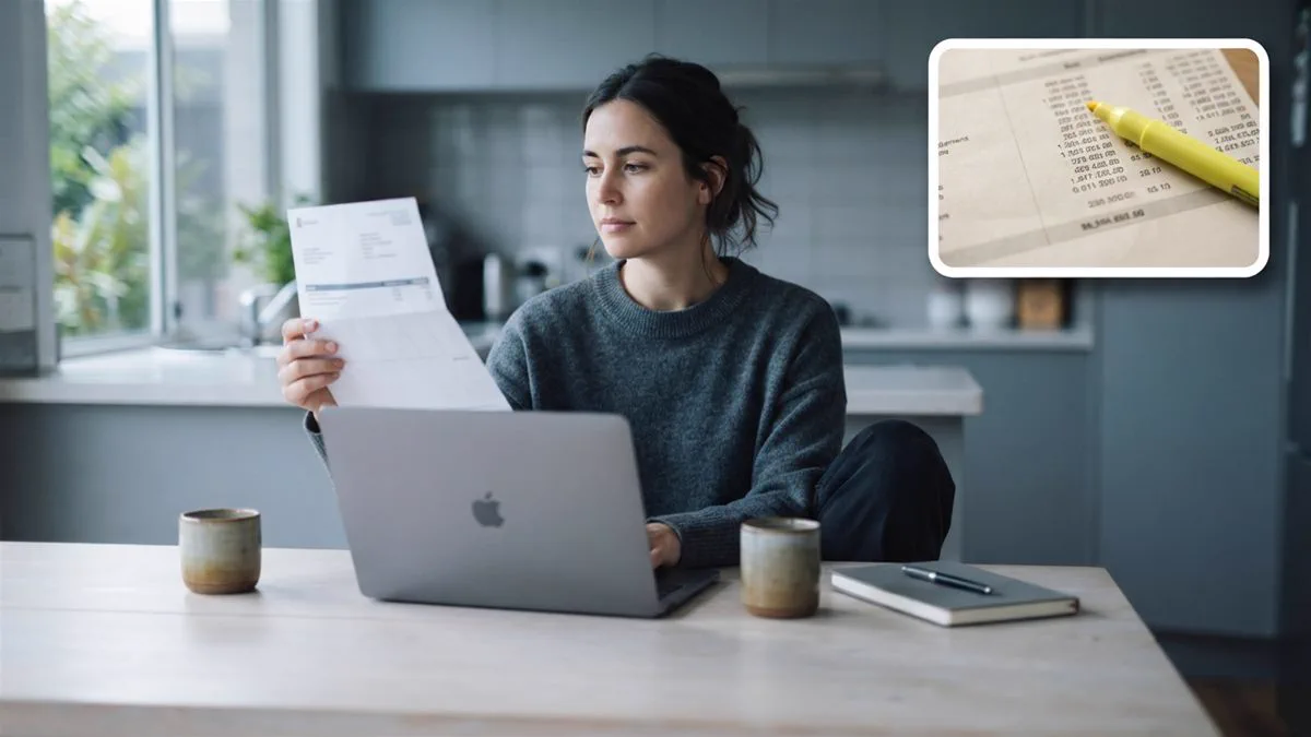 A final payslip held up to the light beside a laptop showing a tax return.