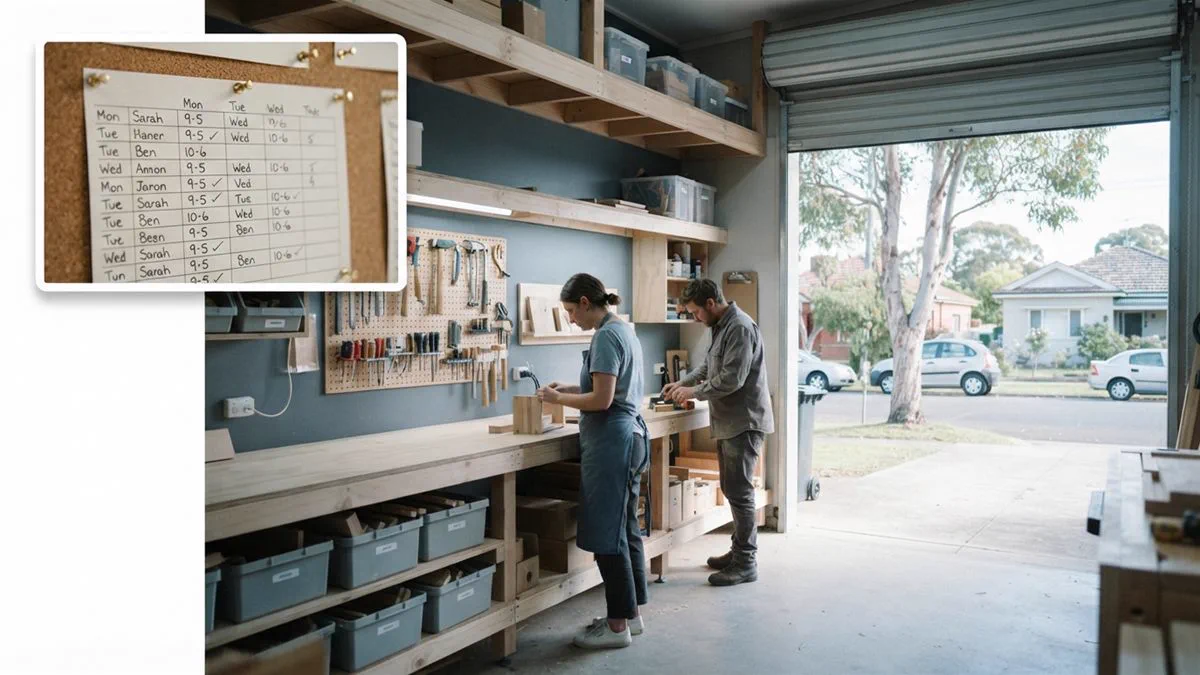A small Australian workshop with two people working, roller door open to the street.