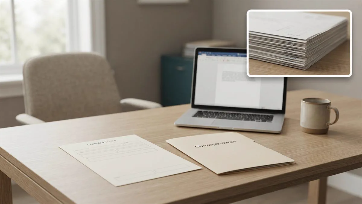 A complaint form and a folder of correspondence arranged neatly on a table beside a laptop.