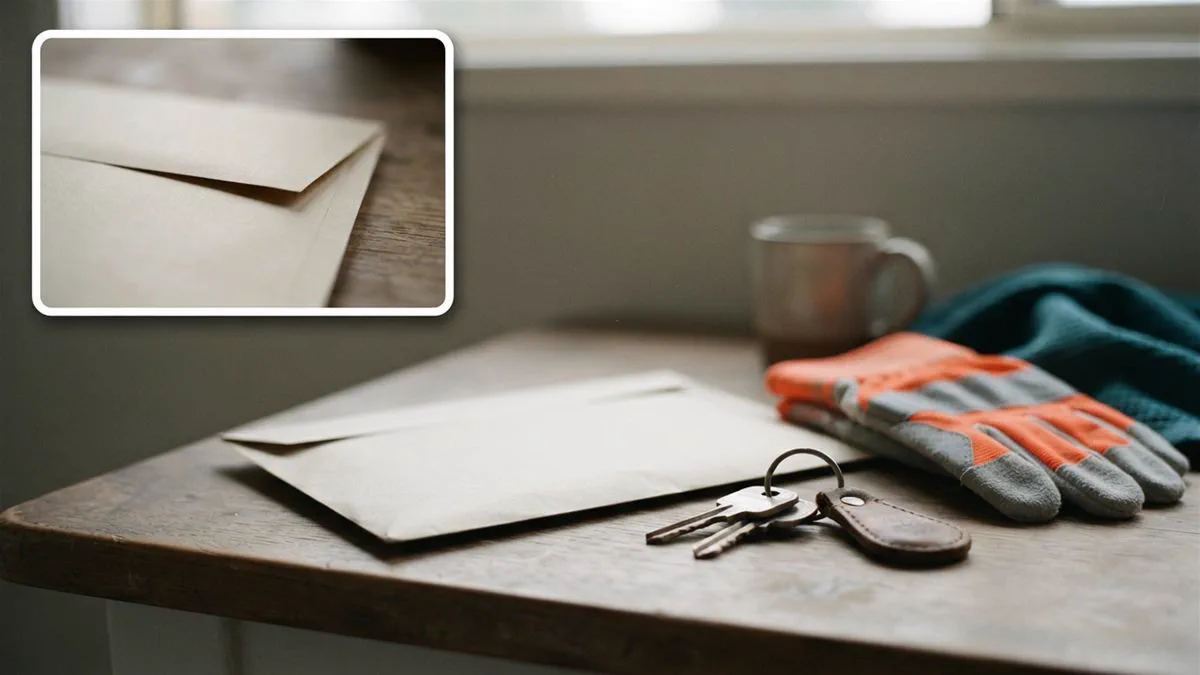 A superannuation welcome pack still in its envelope beside a set of work keys on a bench.