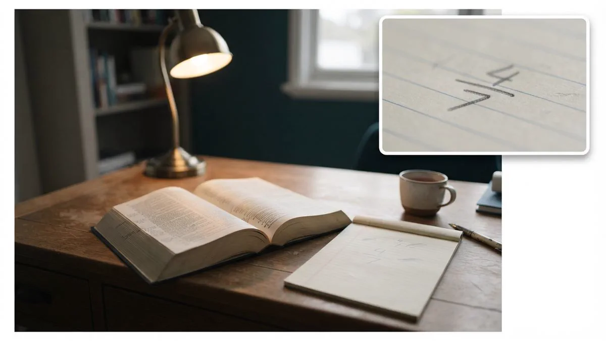 An open legislation volume beside a notepad with a fraction sketched out in pencil, lit by a desk lamp.
