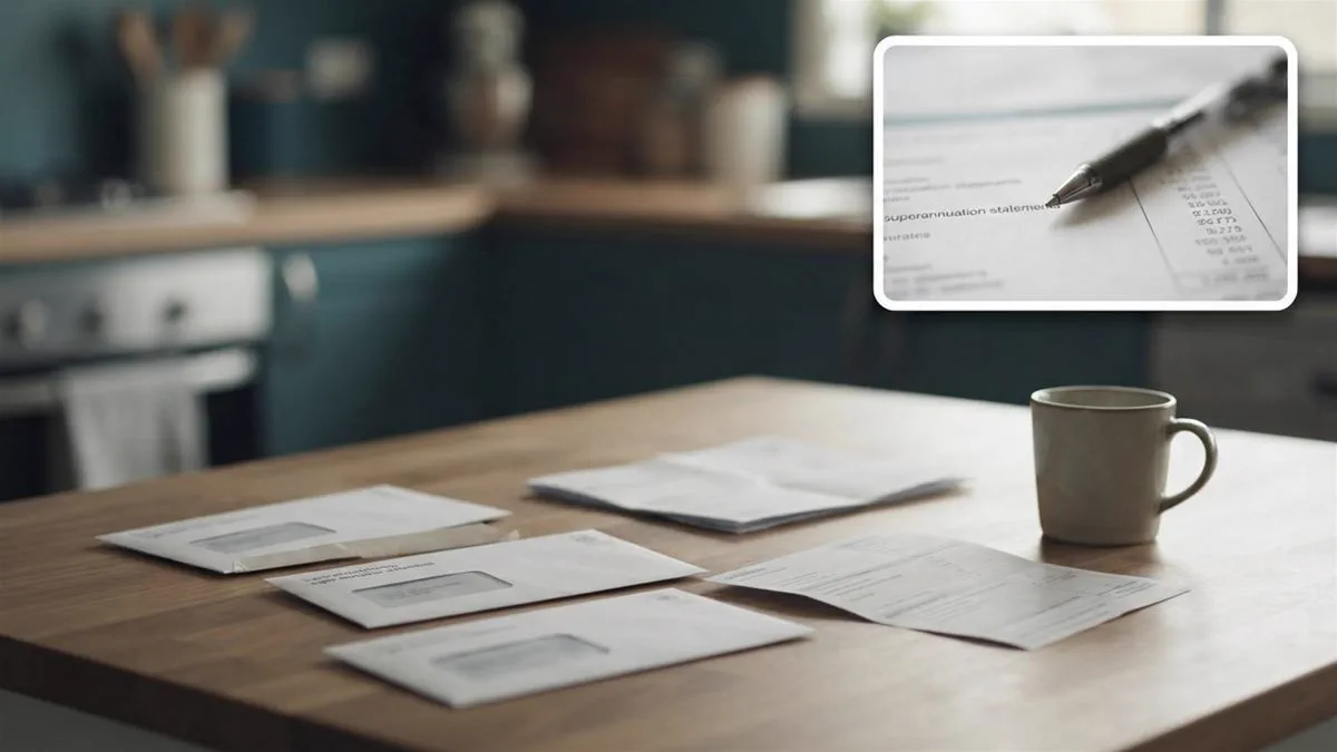 Superannuation statements and an unopened claim form spread across a kitchen table in morning light.