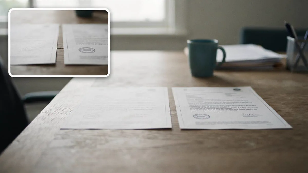 Two insurance certificates laid side by side on a table, one headed monthly benefit and one a lump sum.