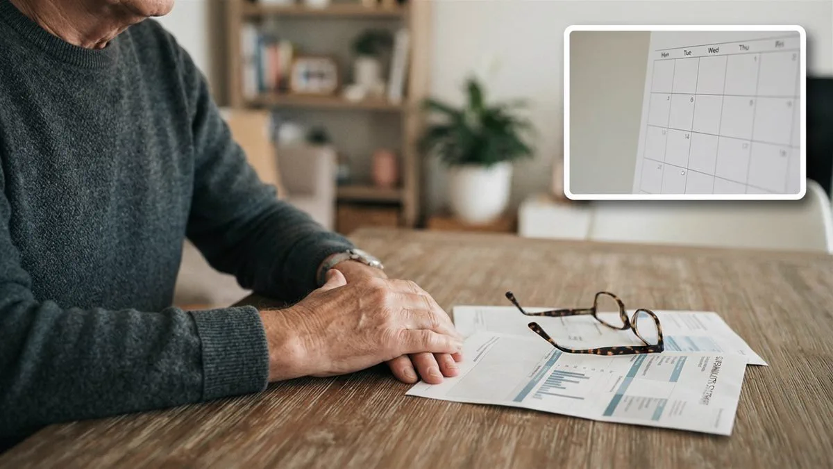 An older worker's hands resting on a table beside a superannuation statement and a pair of reading glasses.