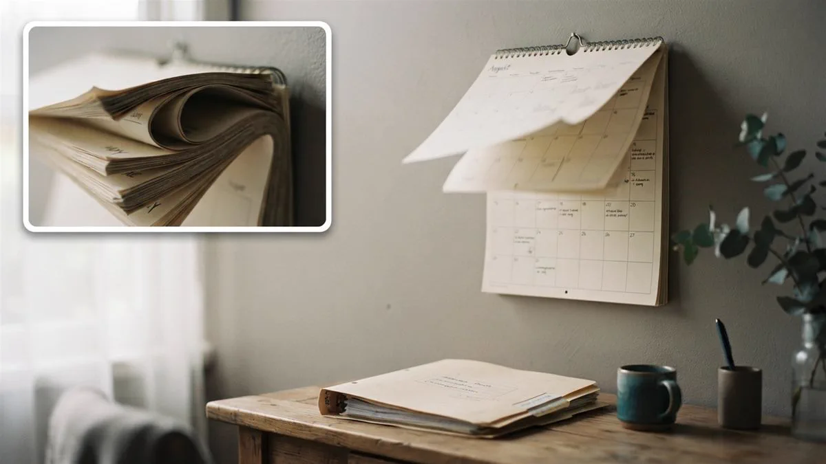 A wall calendar with several months turned, beside a folder of claim correspondence.