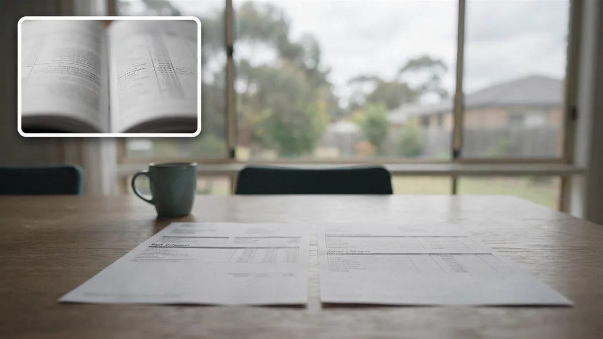 A bank statement and a pension payment schedule side by side on a table under a window.