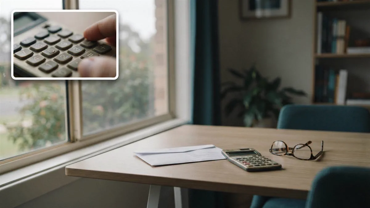 A payment letter and a calculator on a desk beside a window, with a pen resting on the tax summary line.